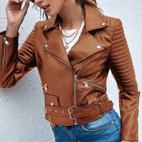 Faux eather zipper biker motorcycle jacket camel - Picture 5 of 9